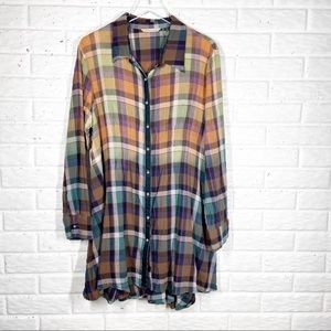 SOFT SURROUNDINGS Ombré Soft Plaid Flannel Long tunic top w Velvet trim #28990